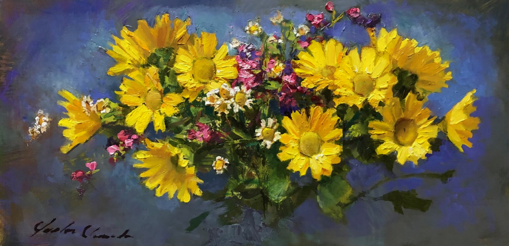 Yellow Daisies & Blue  Background 8x16 $750 at Hunter Wolff Gallery